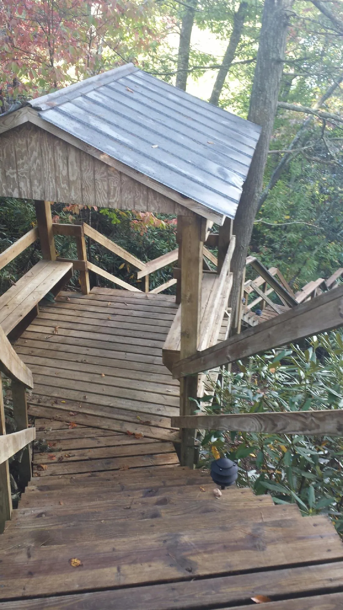 Metal roofed shelter over wooden steps on a wooded walkway — Skylight Repair & Installation work by our crew in Swoope